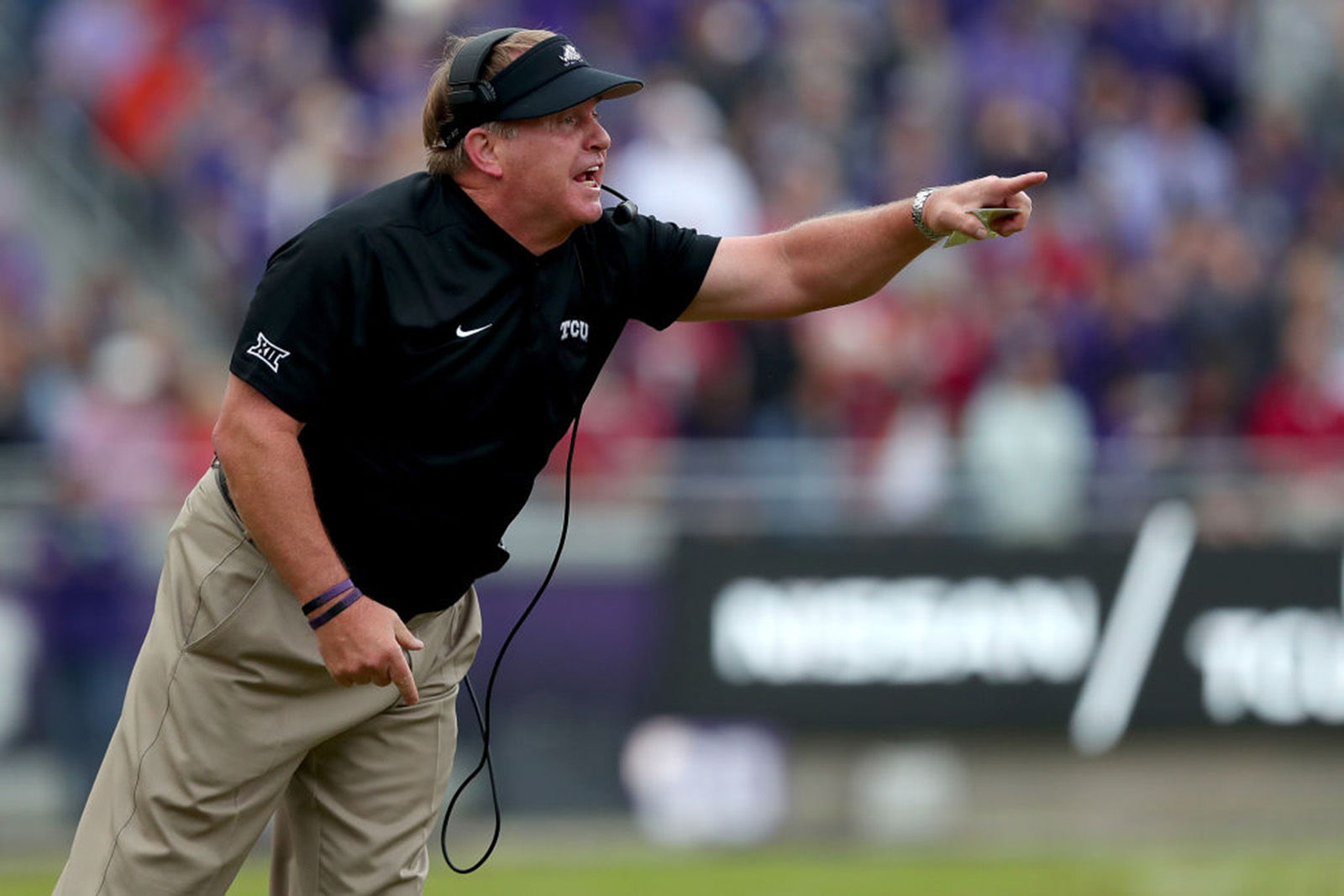 Head coach Gary Patterson of the TCU Horned Frogs heads his team against the Oklahoma Sooners in the first half at Amon G. Carter Stadium on October 20, 2018 in Fort Worth, Texas. (Tom Pennington/Getty Images/TNS) *FOR USE WITH THIS STORY ONLY*